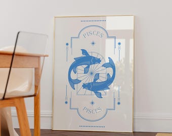 Blue Retro Pisces Wall Art Poster, Minimalist Zodiac Print, Trendy Astrology Wall Art, Pisces Star Sign Decor