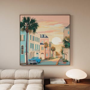 Lienzo artístico viaje Carolina, lienzo artístico ciudad de Charleston en tonos pastel, lienzo cuadrado con marco minimalista estilo Matisse