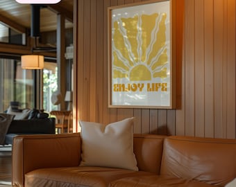 Plakat „Ciesz się życiem”, wydruk artystyczny z motywem słońca z połowy lat 60. XX wieku, sztuka ścienna w stylu retro z radosnymi wibracjami, wystrój „Tylko dobre wibracje”