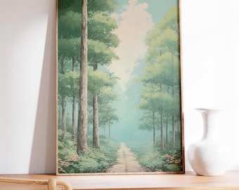 Pôster vintage japonês de floresta, inspirado na arte japonesa em xilogravura, decoração de parede botânica japonesa, ilustração serena de floresta, pôster minimalista japonês.
