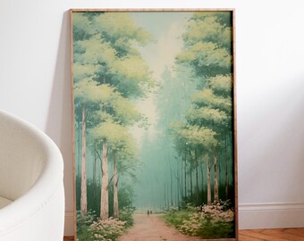 Pôster vintage japonês de floresta, inspirado na arte japonesa em xilogravura, decoração de parede botânica japonesa, ilustração serena de floresta, pôster minimalista japonês.