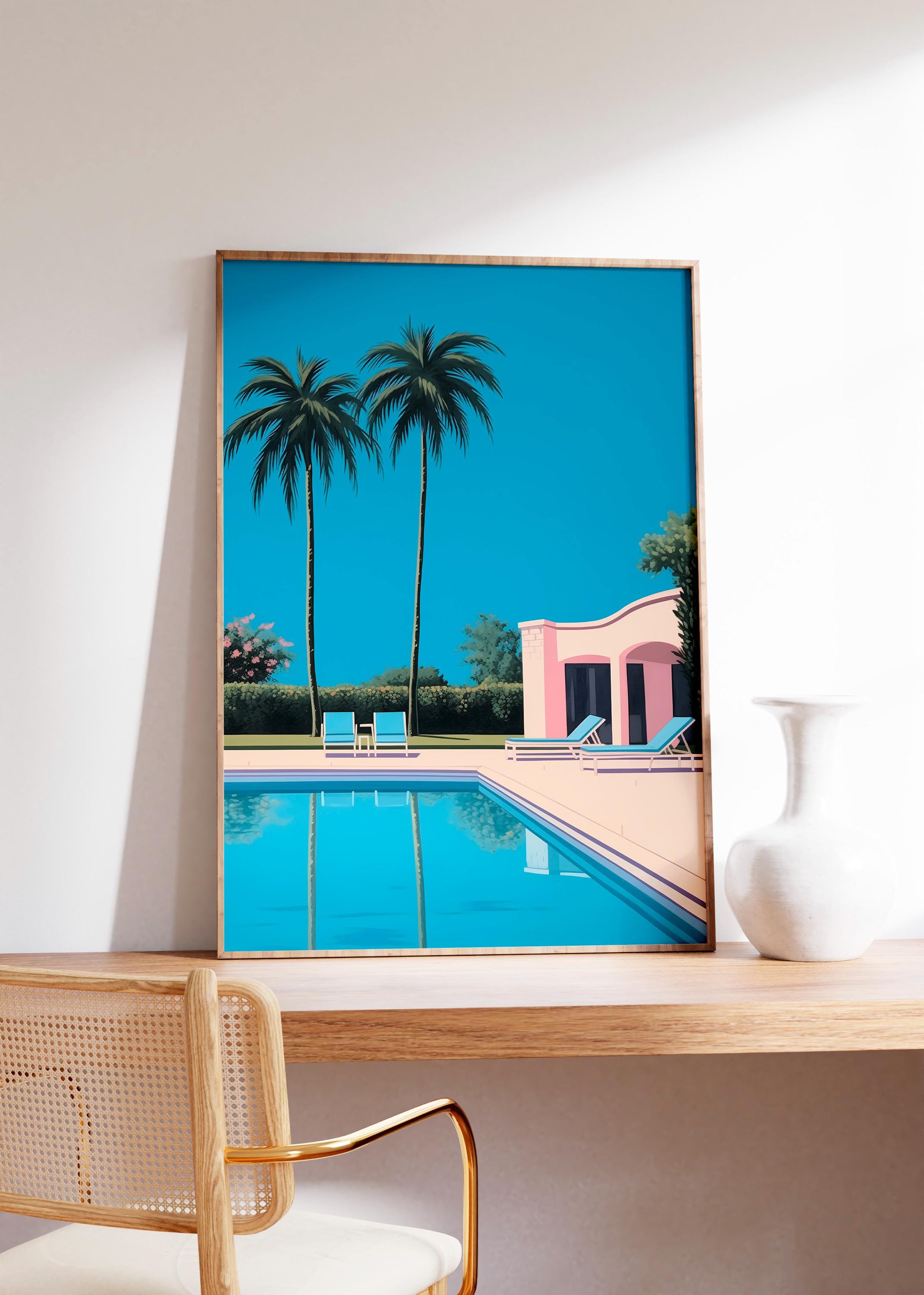 Framed Palm Tree Pool Print, Pink Villa Wall Art, Retro LA Mansion