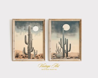 Cactus woestijn landschapskunst, afdrukbare muurkunstset 2-delig, zuidwestelijke westerse Joshua Tree foto's afdrukken, Boho wanddecoratie