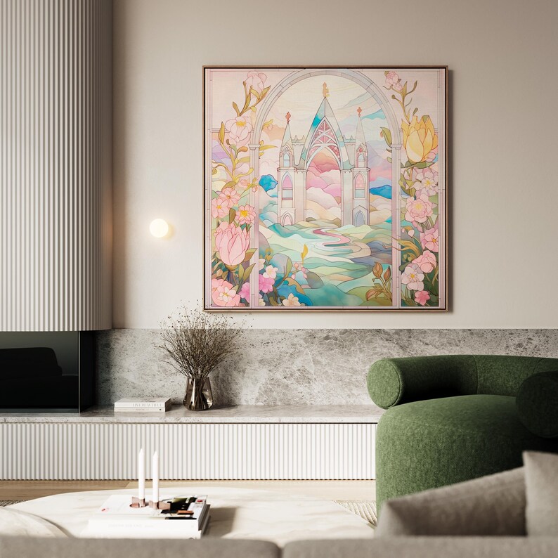 1960s Stained Glass Princess Castle Wall Art, Pastel Pink Floral ...