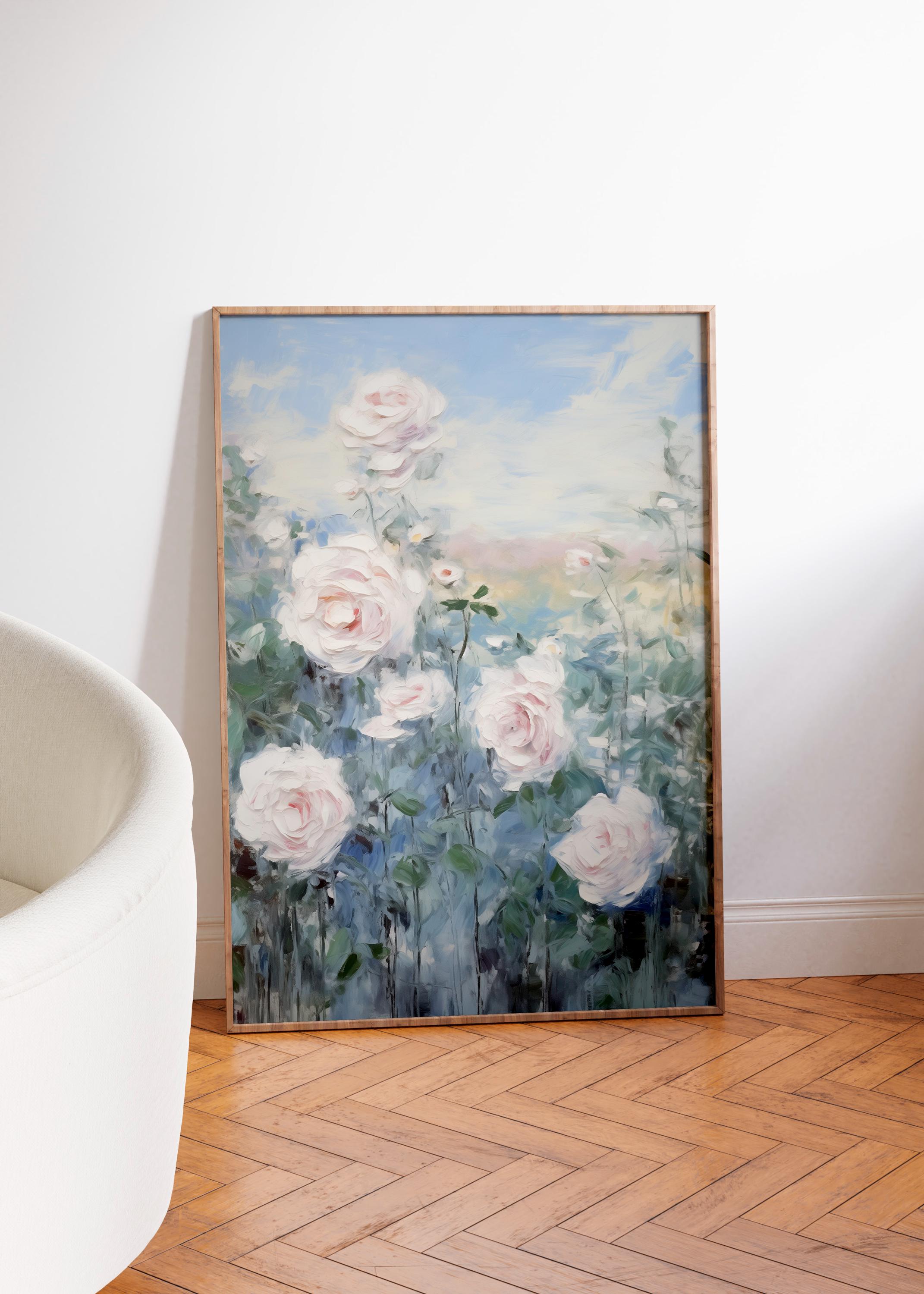 Vintage Floral Print, Antique Rose Wall Art, White Blue Flower Sketch ...