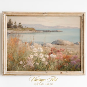 Field Painting Art, Wildflowers by the Sea Print Digital Download, Spring Floral Artwork, Country Cottage Art, Vintage Farmhouse Decor