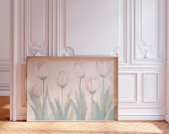 Grandmillennial art horizontal, Blue & Green Tulip Wall Art, Southern Botanical Print, Floral Oil Painting, Elegant Preppy Decor