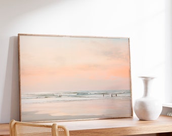 Fine Art Ocean Surf Print, Pastel Beach Wall Art, Vintage Minimalist Sunset Surfers Digital Download Fine Art