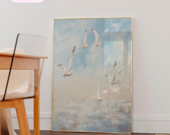 Zeemeeuwprint, schattige strandposter, oceaanmuurkunst, trendy kustdecor, leuk strandhuisdecor, muurkunst meeuwen