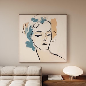 Abstract Matisse Inspired Faces Line Art, Vintage Fauvism Style Abstract Oil Painting, Muted Soft Green Beige, Museum Framed Handmade Canvas