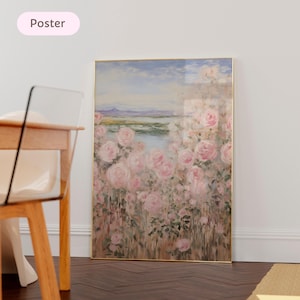 Monet Pink Flower painting, Ethereal Impressionist Wall Art for Bedroom, Monet Roses Painting Print, Elegant Floral Fine Art