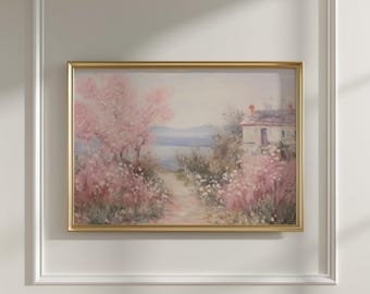 House Among Roses horizontal poster, French Countryside Wall Art, Vintage Pastel Pink Beige Oil Painting, Elegant Romantic Decor