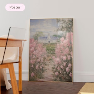 Monet Pink Flower painting, Ethereal Impressionist Wall Art for Bedroom, Monet Painting Print, Elegant Floral Fine Art
