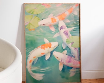 Koi Fish Pond Art Print, Vintage Japanese Watercolor Wall Decor, koi fish art, koi pond print, Japanese watercolor poster