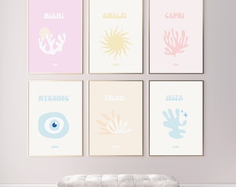 Travel print Set of 6, Gallery Wall set, Ibiza Capri Miami Tulum Gallery, Maximalist Wall Art, Pastel Home Decor Art, Printable Wall Art
