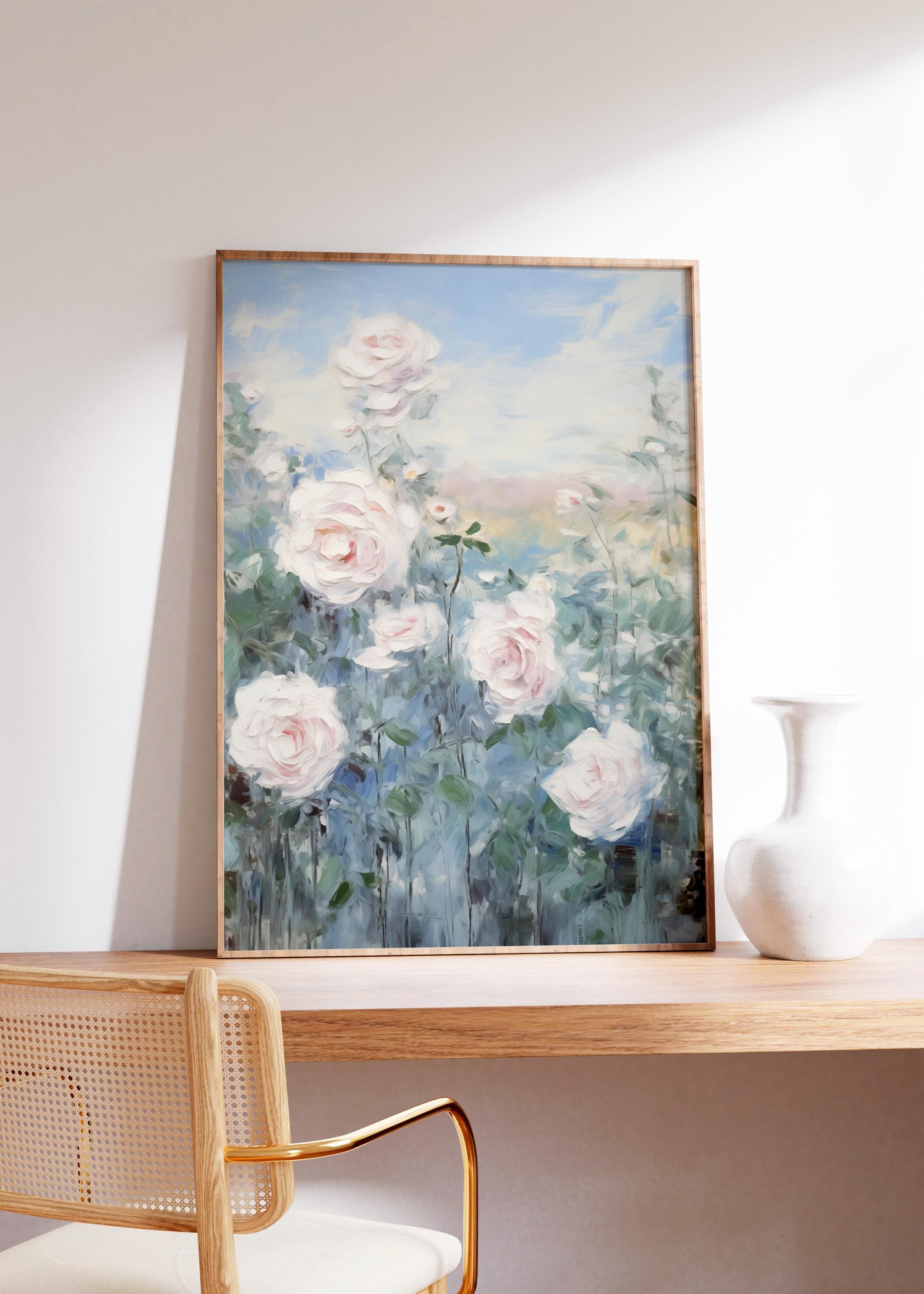 Vintage Floral Print, Antique Rose Wall Art, White Blue Flower Sketch ...