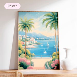 Arte Saint Tropez, impresión paisaje marino Saint Tropez, ilustración vintage pueblo costero, arte playa mediterránea, arte Riviera Francesa
