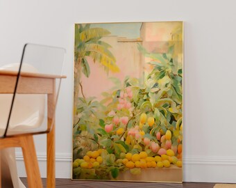 Peach & Orange Fruit Tree Poster, Botanical Orchard Wall Art, Rustic Farmhouse Kitchen Print, citrus print, botanical fruit illustration