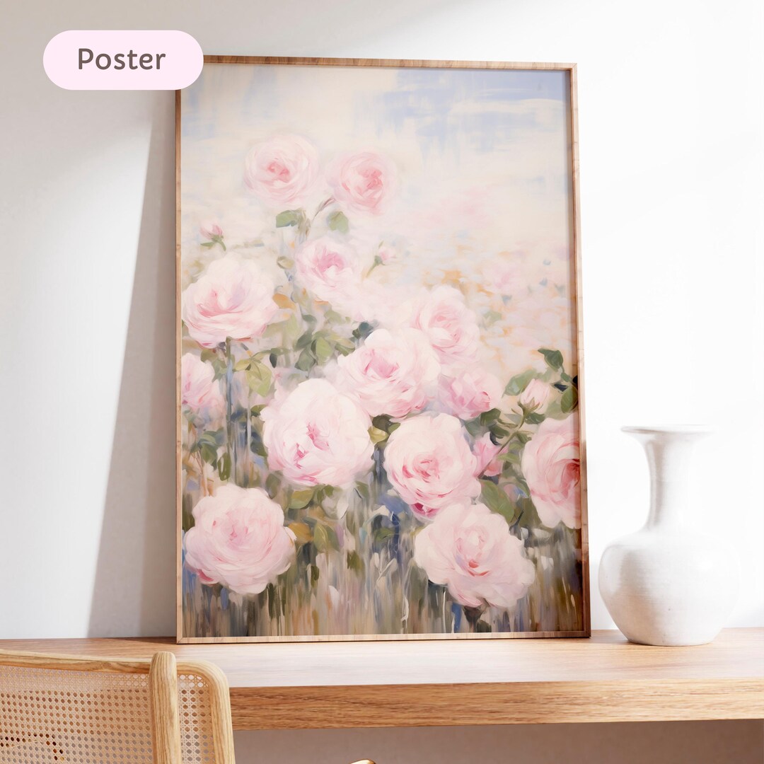 Vintage Floral Print, Antique Rose Wall Art, White Pink Flower Sketch ...