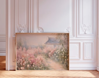 Cottage Monet Light Pink Wall Art, Soft Pastel Impressionist Print, Cottage core landscape rustic poster