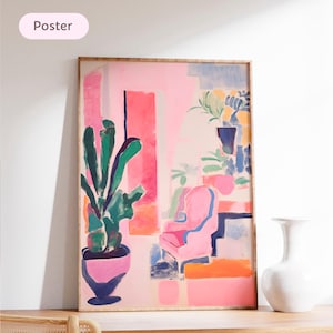 Cuadro vintage español en tonos pastel con palmeras, puesta de sol, arte estilo Matisse años 60, decoración pared verano mediterráneo