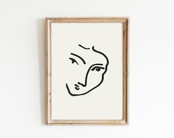 Matisse face print, Minimal Art,  Mid Century Wall Art, Woman Minimal Sketch, Modern Art Printable, digital download, line art face portrait