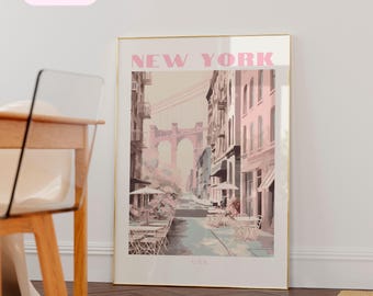 New york coffee shop print, Pink New york travel poster, New york art, new york painting print, new york painting with frame, NYC print