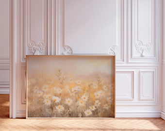 Minimalist Rustic Floral Poster, Daisy Wildflower Print, Neutral Colors Botanical Wall Art, Beige Wildflower Artwork for Home Decor