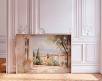 Spanish Villa Wall Art, Mediterranean House Print, Rustic Europe Landscape Poster, Neutral Aesthetic Travel Decor