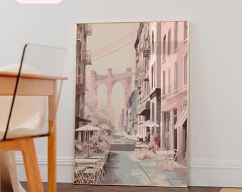 Pink New york travel poster, New york coffee shop print,  New york art, new york painting print, new york painting with frame, NYC print