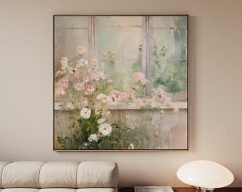 Dipinto a olio vintage anni '80, dipinto a olio su tela con cornice floreale, raffigurante un giardino privato, in tonalità verde tenue e tenue, con piccoli fiori rosa chiaro, ispirato all'arte impressionista di Monet.
