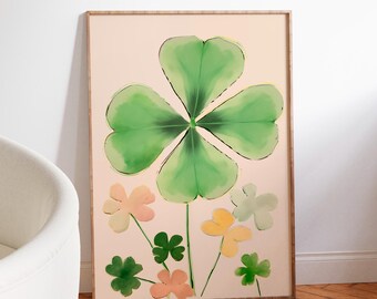 4 Leaf Clover Art Print Poster, Shamrock Print, Trendy Retro Illustration, Mid Century Modern Kitchen Wall Art, St. Patrick’s Day Decor