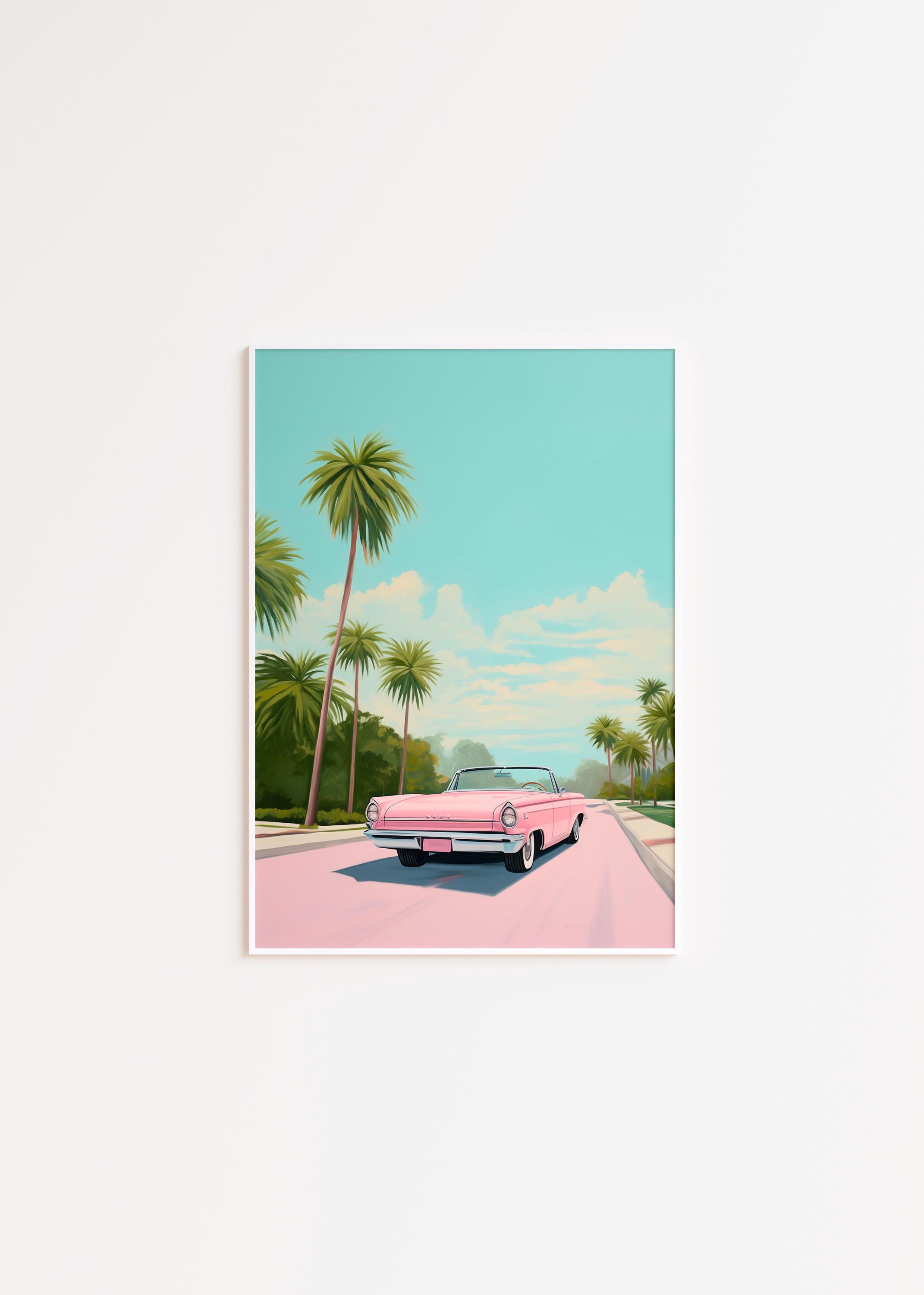 1970s Vintage Pastel Beach Art Print, Pink Convertible Car & Palm