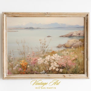 Field Painting Art, Wildflowers by the Sea Print Digital Download, Spring Floral Artwork, Country Cottage Art, Vintage Farmhouse Decor