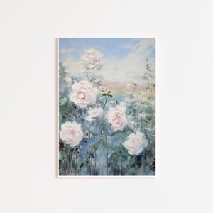 Vintage Floral Print, Antique Rose Wall Art, White Blue Flower Sketch ...