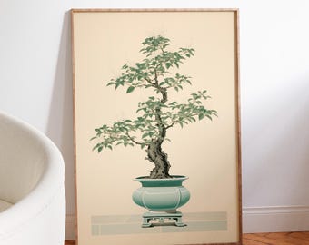 Vintage Japanese Bonsai Poster, Zen Botanical Art Print, Minimalist Asian Decor, Green Wall Art, Garden poster