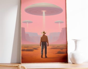 Sci-Fi Western Art Print, Cowboy Alien Abduction, Desert Landscape, UFO Cowboy Art Print, Vintage Style, Americana Alien Decor