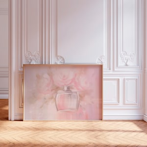 Coquette Perfume Bottle Art Print, Pink Bow Balletcore Wall Decor, Dreamy Oil Painting Texture, Feminine Vanity Art, framed Giclée Poster