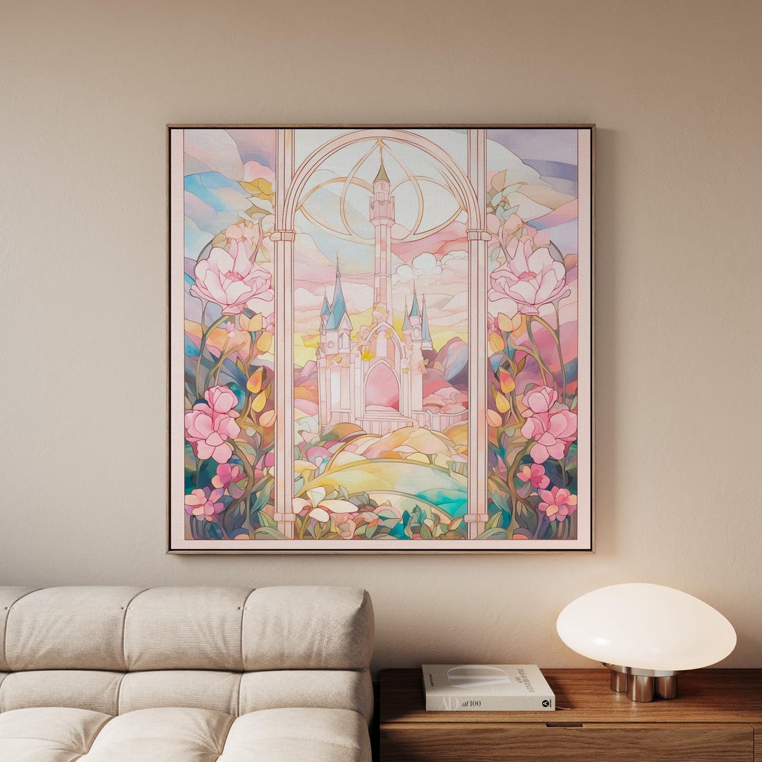 Stained Glass Princess Castle Wall Art, Pastel Pink Floral Fairytale ...