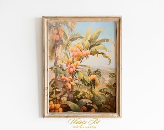 メキシコの柑橘園のアート、農民がオレンジを収穫する絵画、緑豊かな