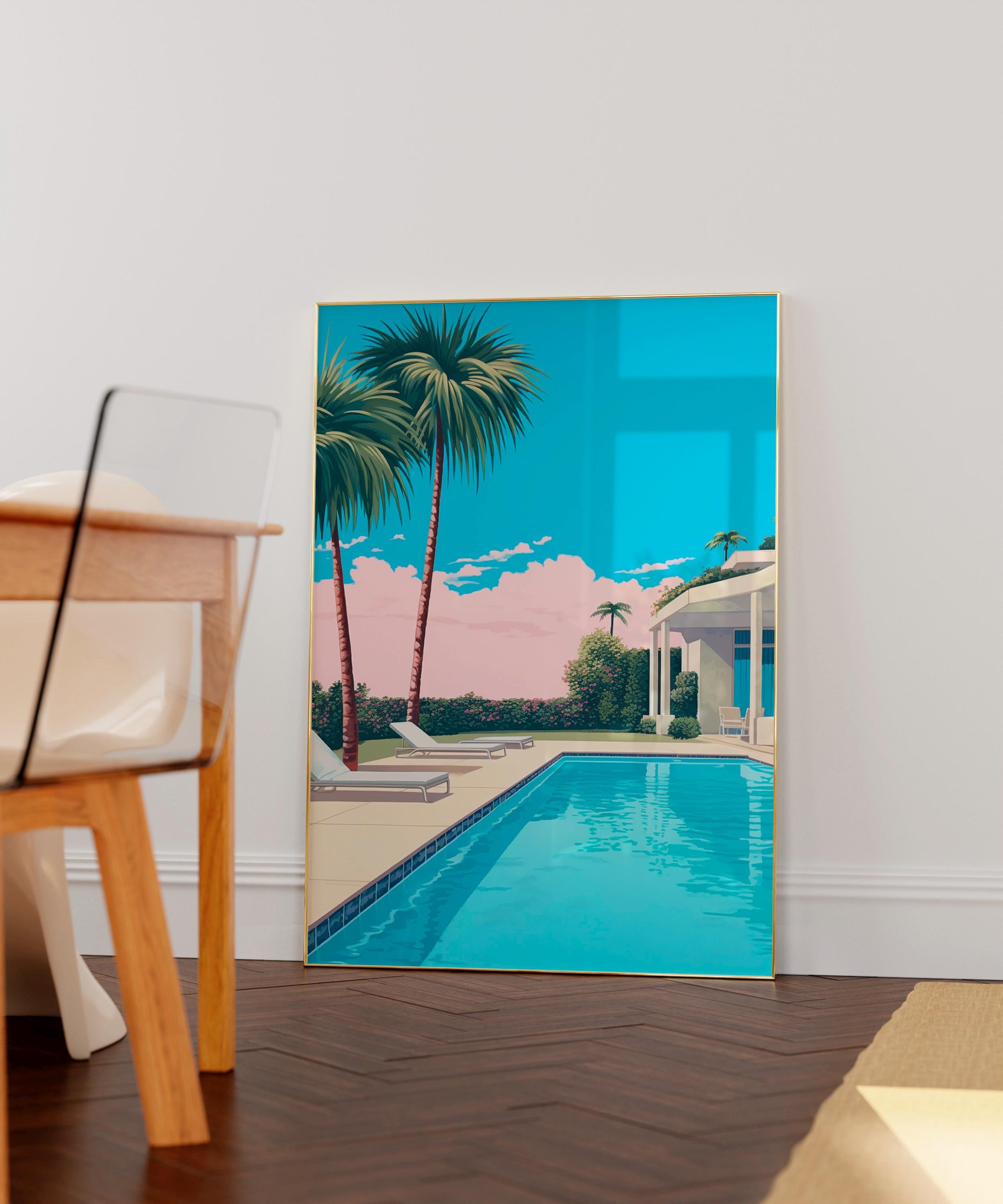 Miami Vice Pool Poster, Pastel Pink Villa & Palm Tree Wall Art
