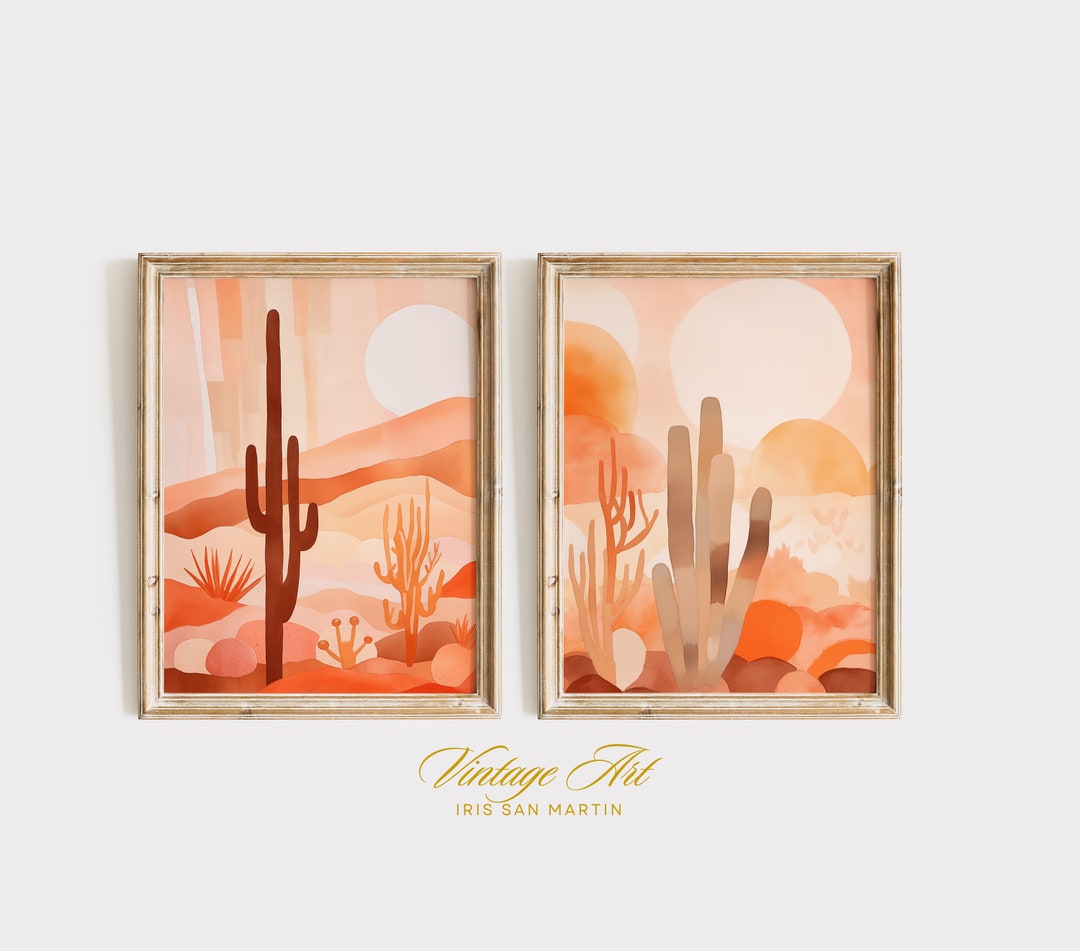Printable Wall Art Set 2 Piece, Watercolor Cactus Desert Landscape Art ...