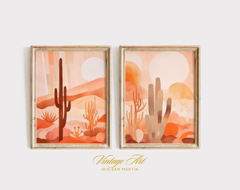 Afdrukbare muurkunst set 2-delig, aquarel cactus woestijn landschapskunst, Southwest Western Joshua Tree foto's afdrukken, boho muur decor