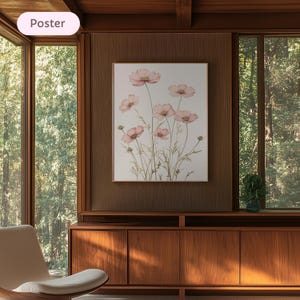 Handgezeichnete rosa Kosmos Blumen, Pastell Aquarell minimal Line Art, Blumen Wandkunst, Kosmos Blume Illustration Druck, Mädchen Kinderzimmer Wandkunst