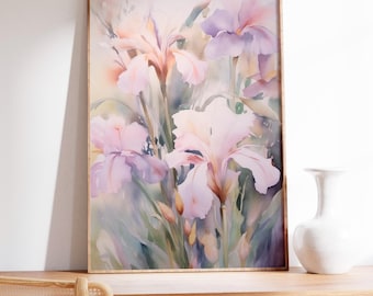 Irisbloemen muurkunst schilderij, botanische bloemenprint, vintage bloemenkunstwerk, paarse iris woondecoratie