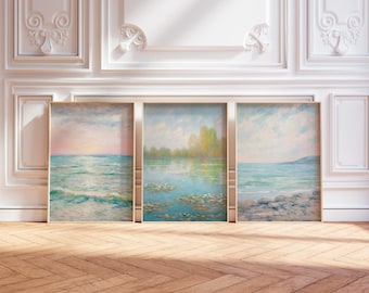 Monet inspired art Poster Set of 3  blue, Claude Monet painting art prints Set of 3, Farmhouse Decor [High Quality]