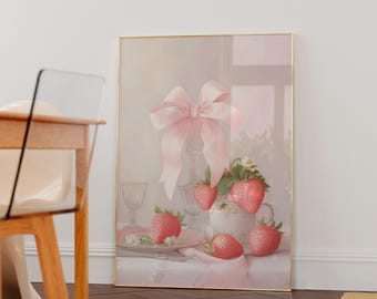 Impresión de arte de pared de fresa, lindo póster de fresa para el aula, decoración de cocina de frutas, ilustración de fresa rosa