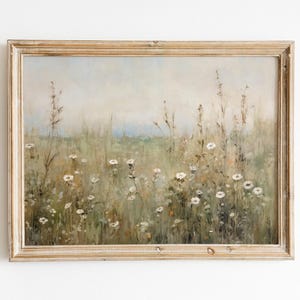 Paisaje vintage margaritas, beige con lirios blancos, póster pintura al óleo texturizada estilo Monet, arte mural flores silvestres