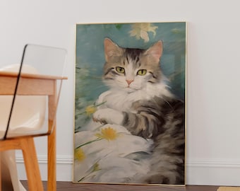 Cat and Flowers Wall Art, Floral Cat Poster, Cute Botanical Home Decor, cat lover gift, modern poster, art living room, cat aesthetic poster