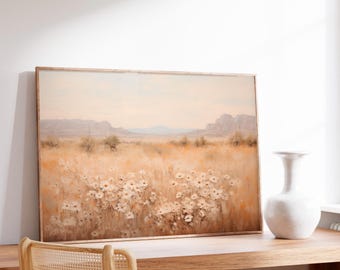 Pintura al óleo impresionista de campo de flores silvestres, impresión de mariposa de flores silvestres azules, impresión de paisaje vintage